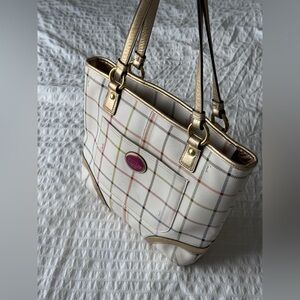 Cute Plaid Y2K Coach Tote Purse / Shoulder Bag With Gold Accents